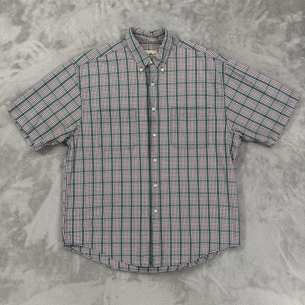 Eddie Bauer Shirt Mens Large Red Green Blue Check Seersucker Pleated Button Down